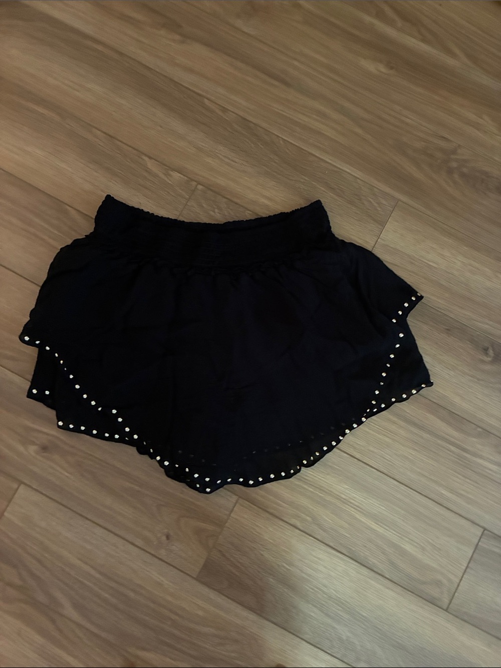 Anthropologie Black Ruffle Skater Shorts with Silver Stud Trim